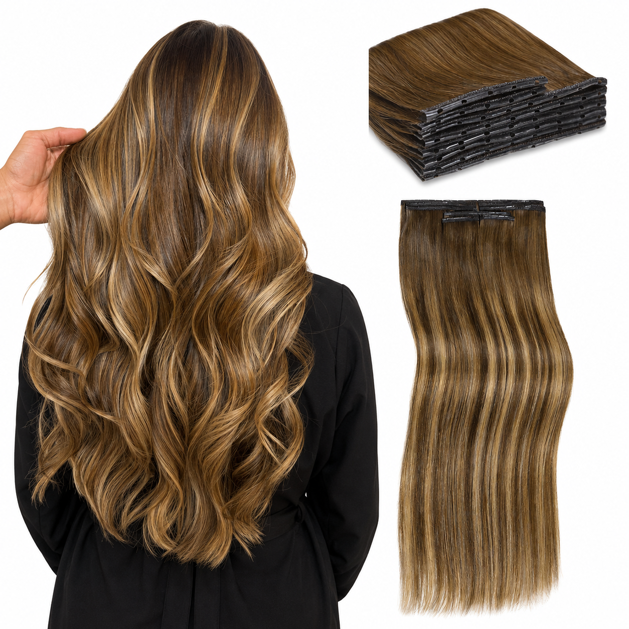 Chocolate Honey Highlights (T4/27) -OVO Butterfly Weft Hair Extensions 8PCS 100G