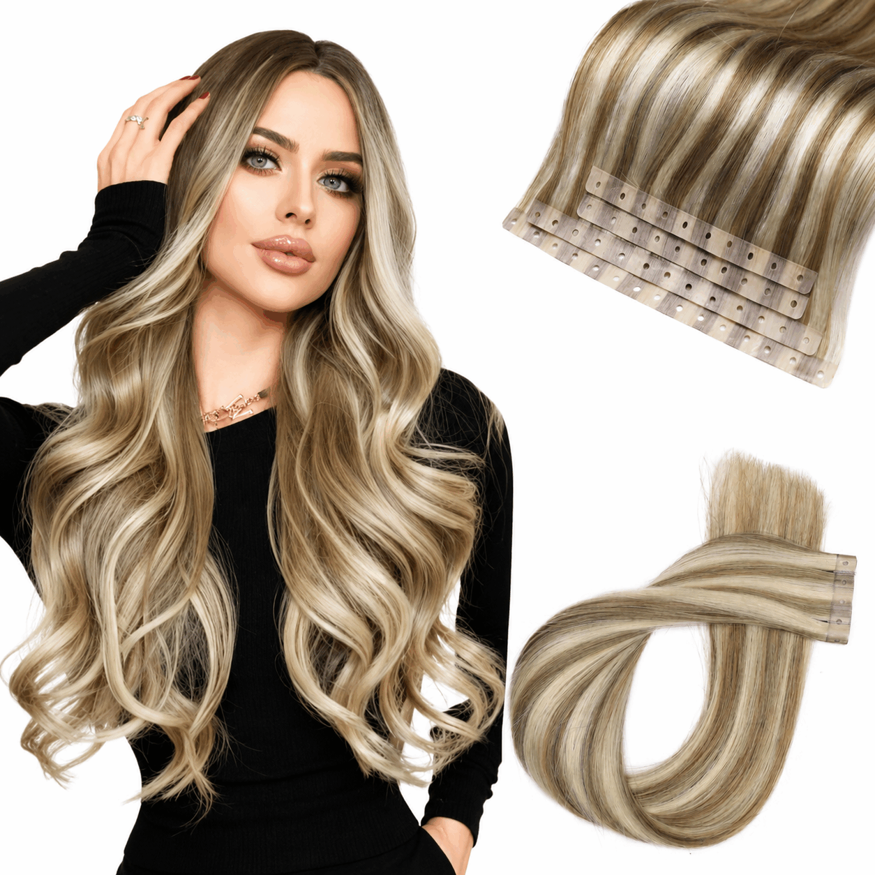 Ash and Platinum Blonde Highlights (9A/P60) -Micro Ring PU Invisible Hair Extensions 70g 8Pcs