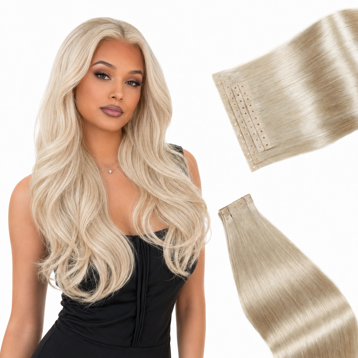 Micro Ring PU Hair Extensions Remy Human Hair Extension Weft Human Hair Extensions PU Invisible Tape in Hair Extension for Women (70g 8Pcs)