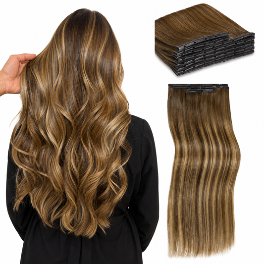 Chocolate Honey Highlights (T4/27) -OVO Butterfly Weft Hair Extensions 8PCS 100G