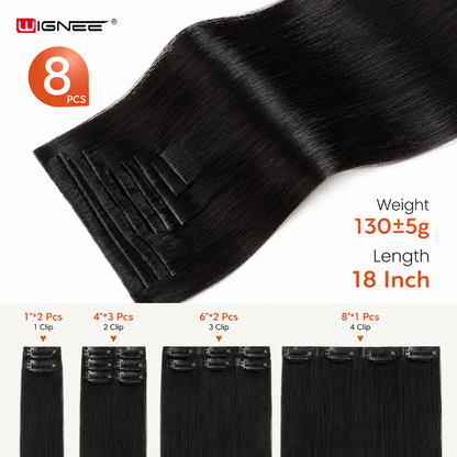 100% Remy Human Hair Real Human Hair Extensions Clip Ins 18 Inch 8Pcs 130g Invisible Hair Extension for Women Daily Party Use