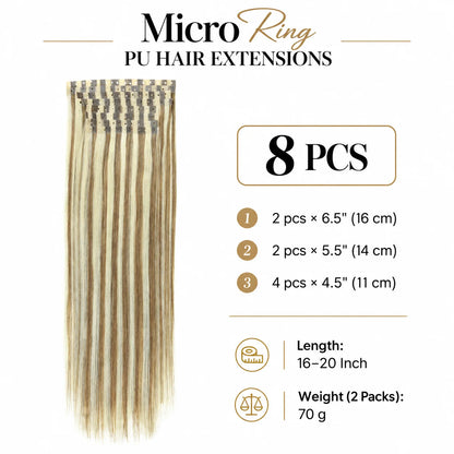 Ash and Platinum Blonde Highlights (9A/P60) -Micro Ring PU Invisible Hair Extensions  70g 8Pcs