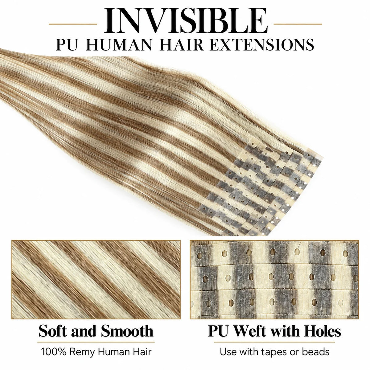 Ash and Platinum Blonde Highlights (9A/P60) -Micro Ring PU Invisible Hair Extensions  70g 8Pcs