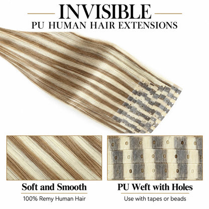 Ash and Platinum Blonde Highlights (9A/P60) -Micro Ring PU Invisible Hair Extensions  70g 8Pcs