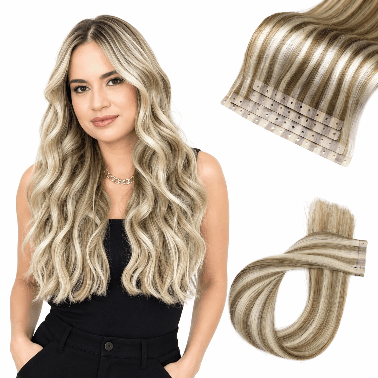 Micro Ring PU Hair Extensions Remy Human Hair Extension  Weft Human Hair Extensions PU Invisible Tape in Hair Extension for Women (70g 8Pcs)