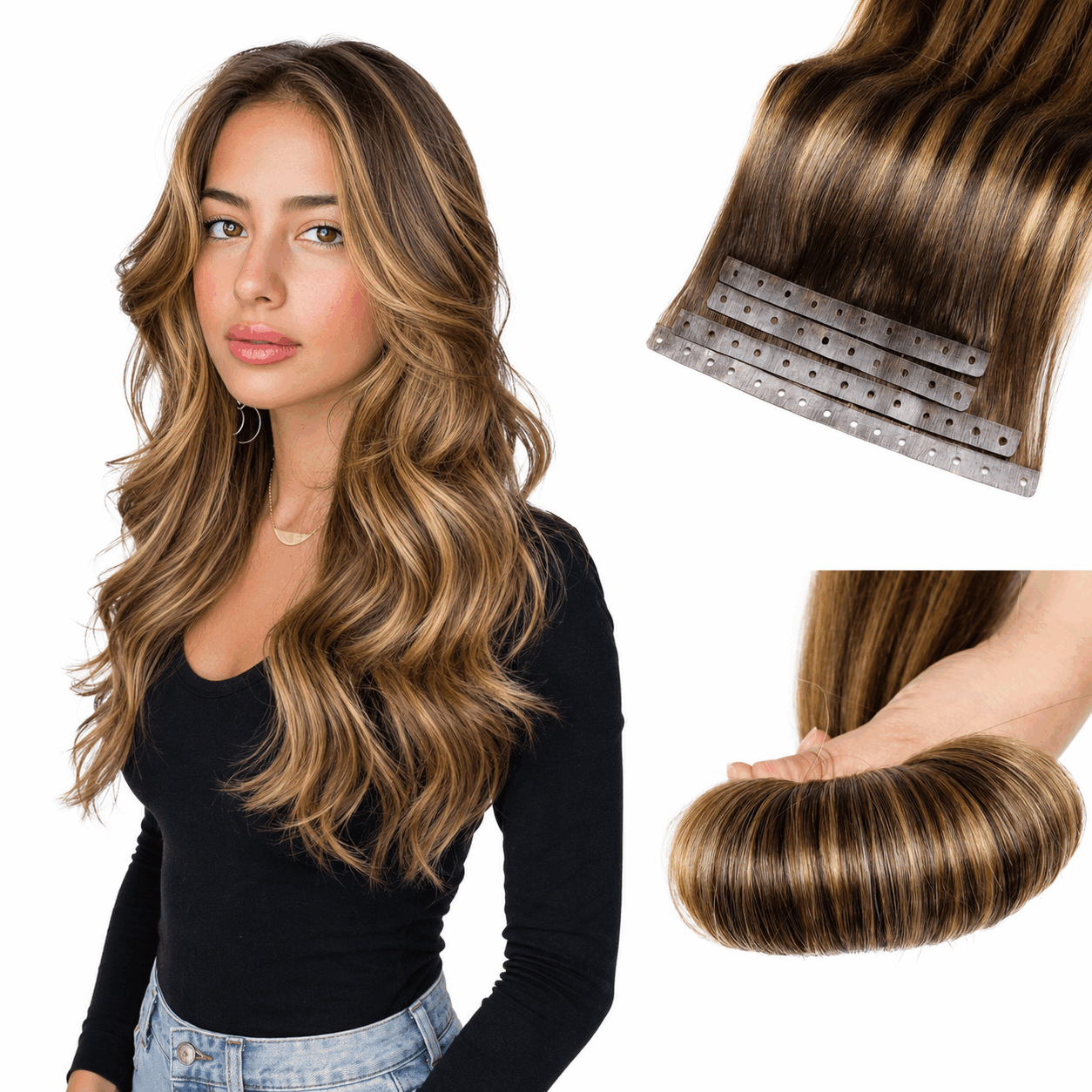 Micro Ring PU Hair Extensions Remy Human Hair Extension  Weft Human Hair Extensions PU Invisible Tape in Hair Extension for Women (70g 8Pcs)