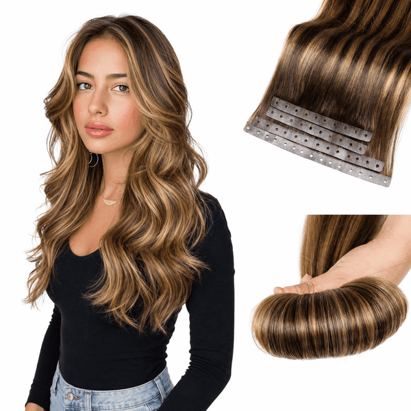 Chocolate Honey Highlights (T4/27) -Micro Ring PU Invisible Hair Extensions  70g 8Pcs