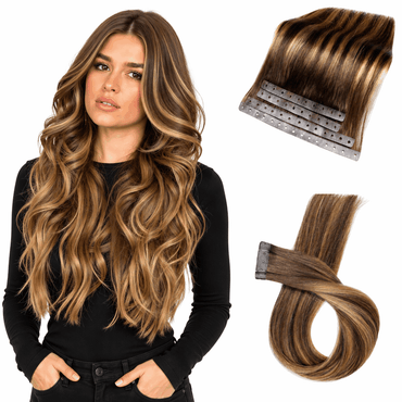 Chocolate Honey Highlights (T4/27) -Micro Ring PU Invisible Hair Extensions  70g 8Pcs