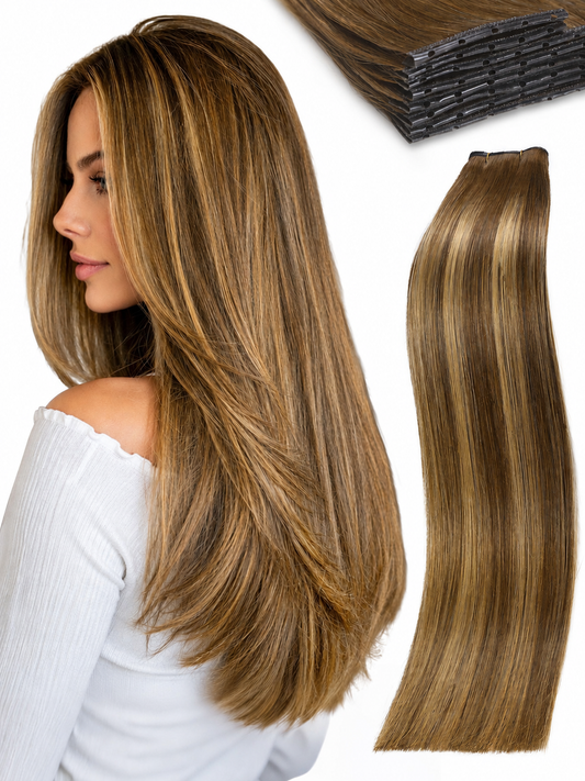 Chocolate Honey Highlights (T4/27) -OVO Butterfly Weft Hair Extensions 8PCS 100G