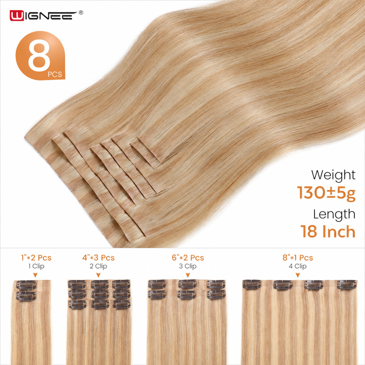 Real Human Hair Extensions Clip Ins 130g 100% Remy Seamless Hair Extensions Clip In 18 Inch 8Pcs