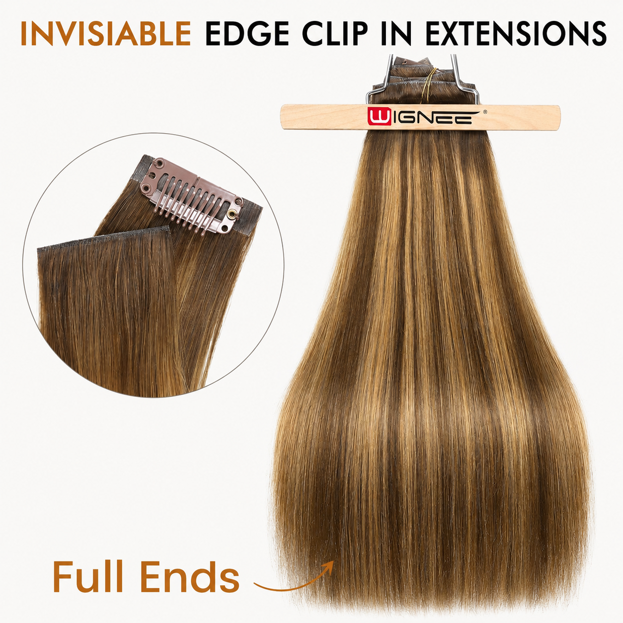 WIGNEE Invisible Clip In Hair Extensions Human Hair 130g 100% Remy Human Hair Clip Ins Seamless Hair Extensions