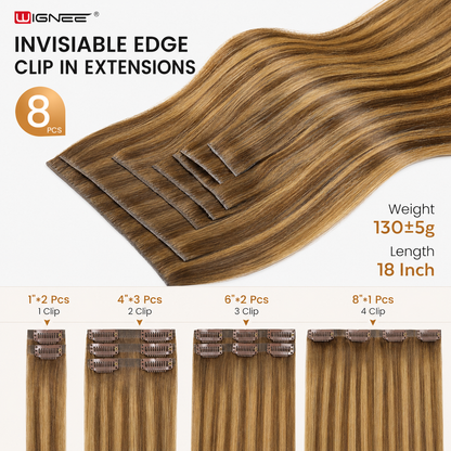 WIGNEE Invisible Clip In Hair Extensions Human Hair 130g 100% Remy Human Hair Clip Ins Seamless Hair Extensions